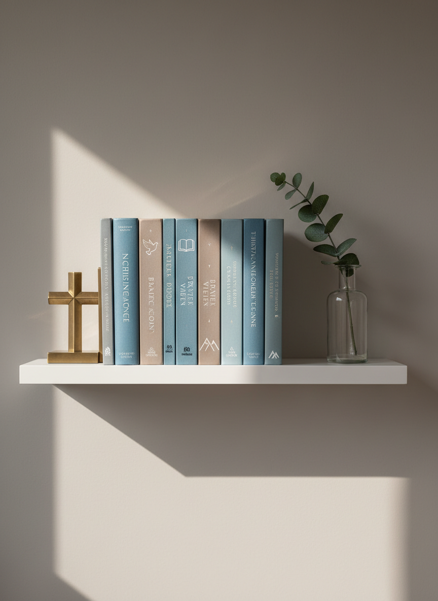 An orderly row of Christian-themed books stands on a floating white shelf against a soft warm-gray wall, each spine designed with understated typography, muted blues, taupes, and soft gold accents. Subtle icons like doves, open Bibles, and stylized mountains hint at faith, courage, and imagination. A small, geometric brass bookend shaped like an abstract cross anchors one side, while a minimalist glass vase with a single eucalyptus stem balances the other. Gentle afternoon light falls diagonally from the left, creating refined shadows that emphasize the straight lines of the shelf and the clean geometry of the objects. Captured in photographic realism at eye level with a rule-of-thirds composition and shallow depth of field, the image conveys a polished, corporate yet warm atmosphere suitable for a Christian publishing catalog section.