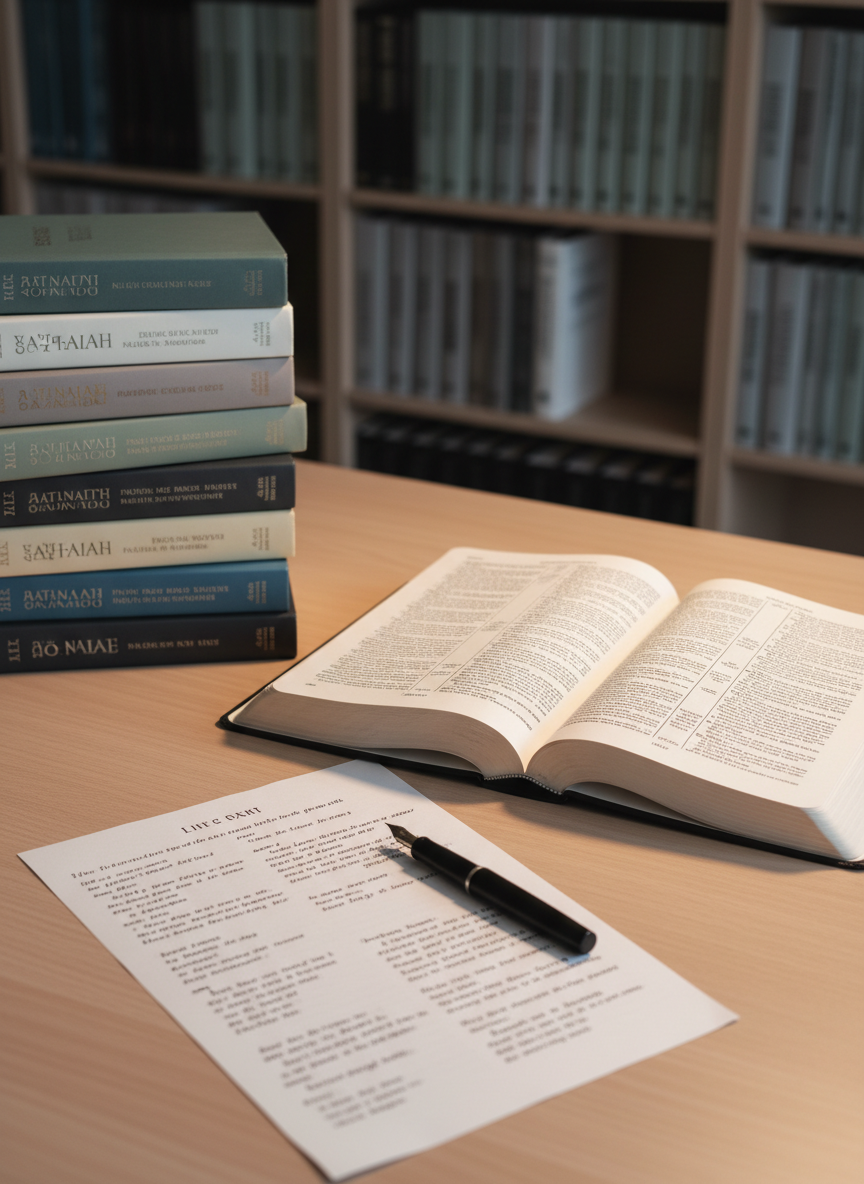 A meticulously arranged translation workspace features an open Bible in a modern, serif typeface, placed on a smooth light-ash desk. Multiple language editions—each with different, subtle cover colors in neutral palettes—are stacked in precise, aligned piles nearby, suggesting multilingual Christian translation. A slim, matte-black fountain pen rests across a printed manuscript page marked with clean, legible translation notes. A softly glowing desk lamp off-frame casts even, warm-white light across the surface, creating minimal shadows and emphasizing the paper’s texture and ink detail. The background fades into a softly blurred bookshelf filled with uniformly arranged reference volumes. Photographic realism, shot from a slightly elevated angle, with a balanced, central composition, projects a professional, studious, and trustworthy atmosphere for a Christian translation services page.